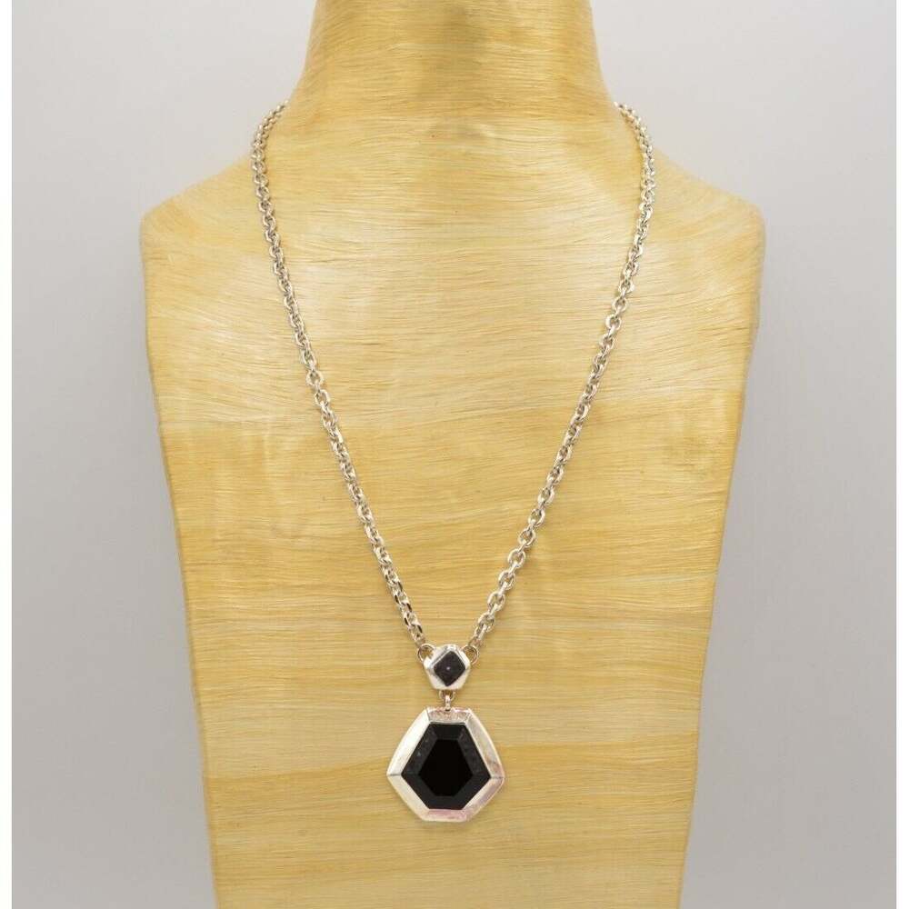 Aigner Vintage Pendant Necklace Black Crystal Silver Tone Chain Signed 90s BinT